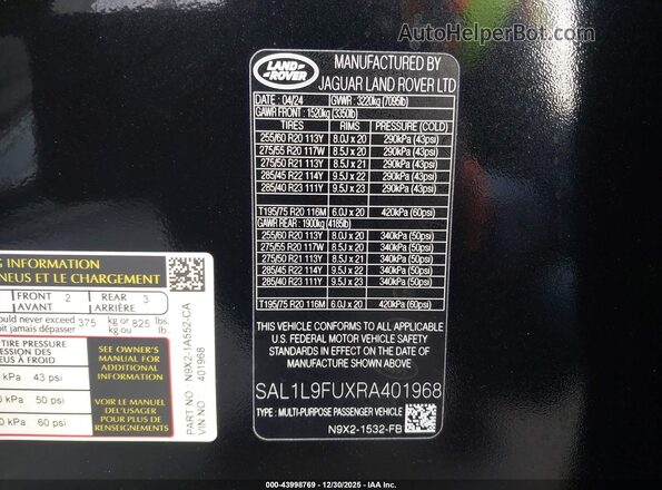 SAL1L9FUXRA401968 2024 LAND ROVER RANGE ROVER SPORT Black Widok komory silnika