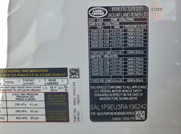 SAL1P9EU3RA196242 2024 LAND ROVER RANGE White Widok naklejki z numerem VIN