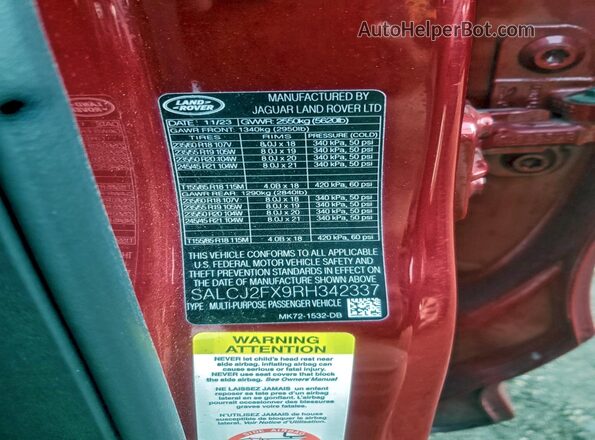 SALCJ2FX9RH342337 2024 LAND ROVER DISCOVERY Red VIN sticker view