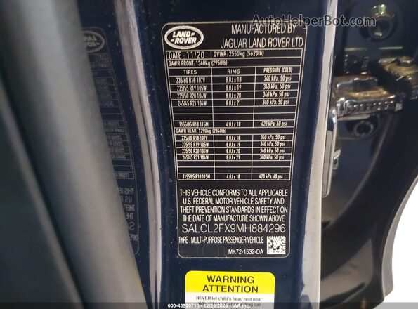 SALCL2FX9MH884296 2021 LAND ROVER DISCOVERY SPORT Blue Widok komory silnika