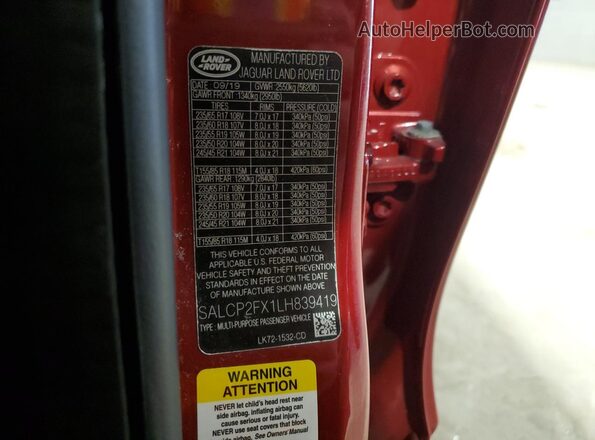 SALCP2FX1LH839419 2020 LAND ROVER DISCOVERY Red Вид наклейки з VIN-кодом