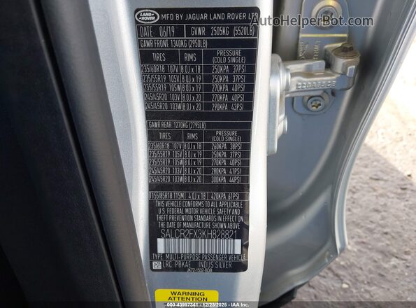 SALCR2FX3KH828821 2019 LAND ROVER DISCOVERY SPORT Silver Շարժիչի բաժամունքի տեսք