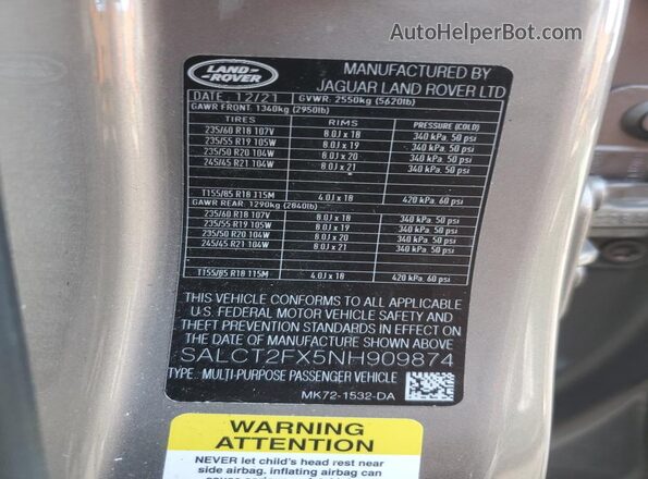 SALCT2FX5NH909874 2022 LAND ROVER DISCOVERY Tan VIN კოდის სტიკერის ხედი