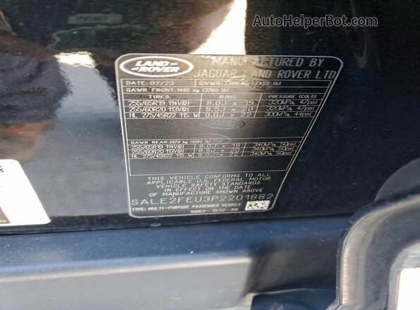 SALE2FEU3P2201882 2023 LAND ROVER DEFENDER Black VIN კოდის სტიკერის ხედი