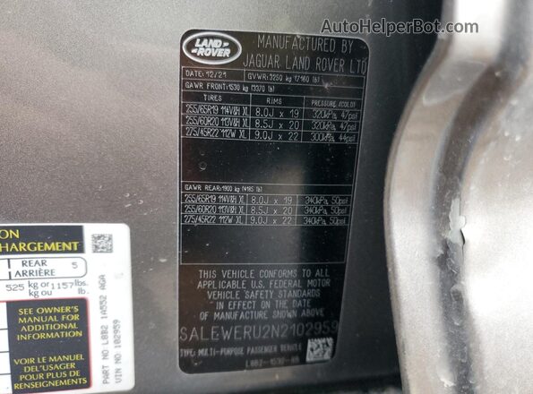 SALEWERU2N2102959 2022 LAND ROVER DEFENDER Gray Vista de la etiqueta del VIN