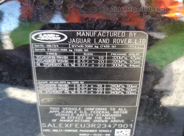 SALEXFEU3R2347901 2024 LAND ROVER DEFENDER Black VIN կոդի պիտակի տեսք