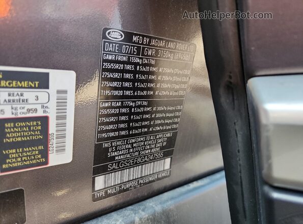 SALGS2EF8GA247555 2016 LAND ROVER RANGE Gray Vista de la etiqueta del VIN