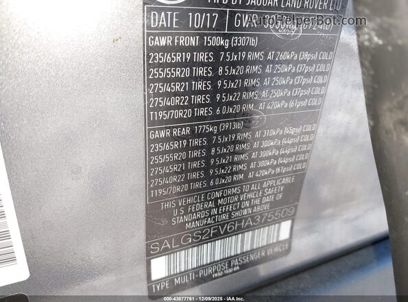 SALGS2FV6HA375509 2017 LAND ROVER RANGE ROVER Gray 