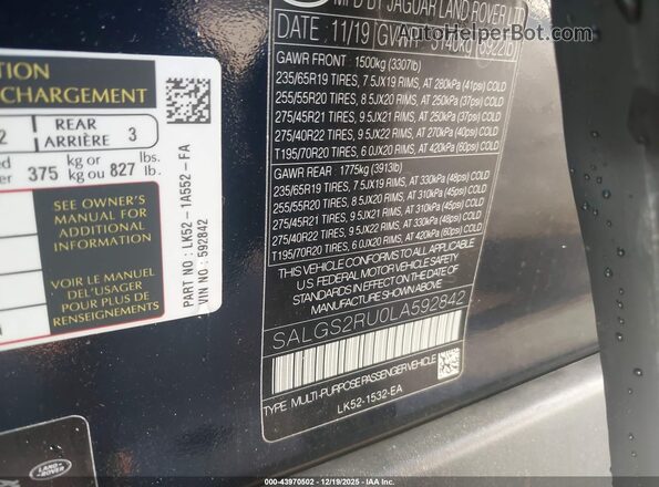 SALGS2RU0LA592842 2020 LAND ROVER RANGE ROVER Black 