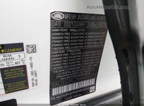SALGS2RU1MA442577 2021 LAND ROVER RANGE ROVER Белый Вид подкапотного пространства