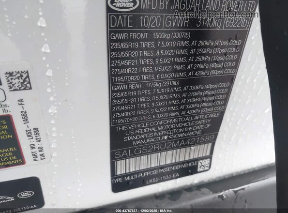SALGS2RU2MA421589 2021 LAND ROVER RANGE ROVER White Vista del compartimento del motor