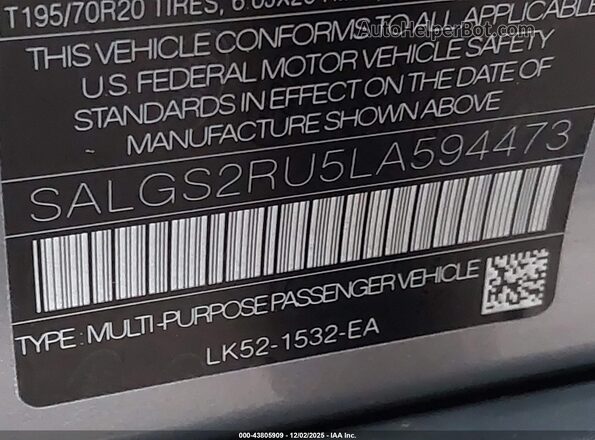 SALGS2RU5LA594473 2020 LAND ROVER RANGE ROVER Gray Շարժիչի բաժամունքի տեսք