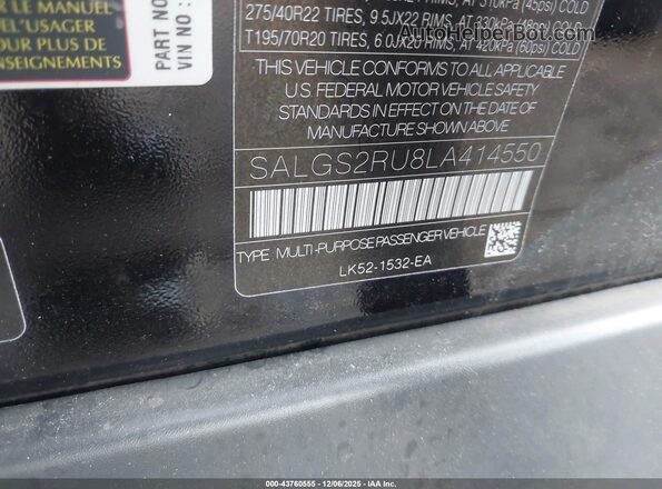 SALGS2RU8LA414550 2020 LAND ROVER RANGE ROVER Black 