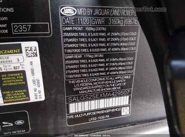 SALGS2SEXMA429507 2021 LAND ROVER RANGE ROVER Black Engine compartment view