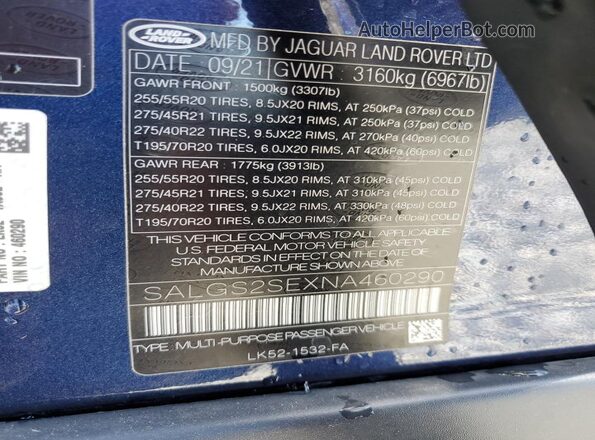SALGS2SEXNA460290 2022 LAND ROVER RANGE Blue Вид наклейки з VIN-кодом