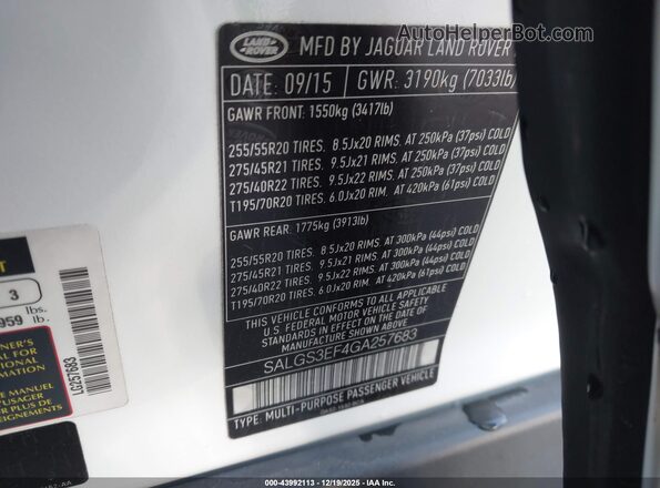 SALGS3EF4GA257683 2016 LAND ROVER RANGE ROVER White Вид підкапотного простору