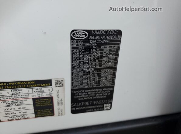 SALKP9E71PA033164 2023 LAND ROVER RANGE White Widok naklejki z numerem VIN