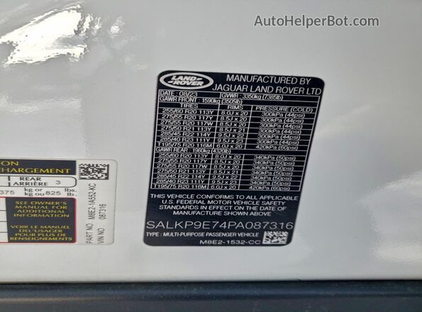 SALKP9E74PA087316 2023 LAND ROVER RANGE Charcoal VIN sticker view