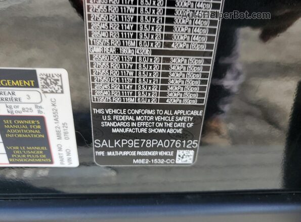 SALKP9E78PA076125 2023 LAND ROVER RANGE Black VIN კოდის სტიკერის ხედი