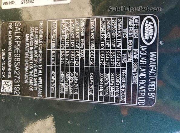 SALKP9E98SA273192 2025 LAND ROVER RANGE Green VIN sticker view