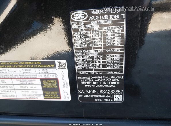 SALKP9FU6SA283657 2025 LAND ROVER RANGE ROVER Черный Вид подкапотного пространства