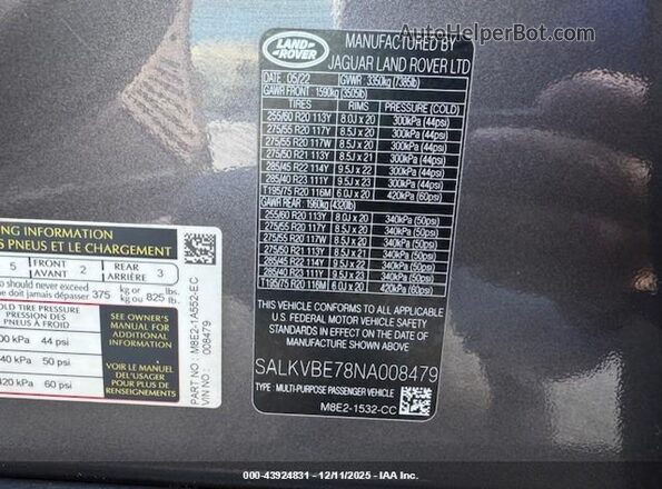 SALKVBE78NA008479 2022 LAND ROVER NEW RANGE ROVER Gray Widok naklejki z numerem VIN