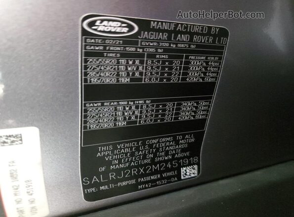 SALRJ2RX2M2451918 2021 LAND ROVER DISCOVERY Gray Widok naklejki z numerem VIN