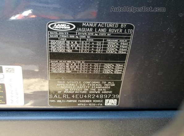 SALRL4EU4R2489739 2024 LAND ROVER DISCOVERY Gray Widok naklejki z numerem VIN