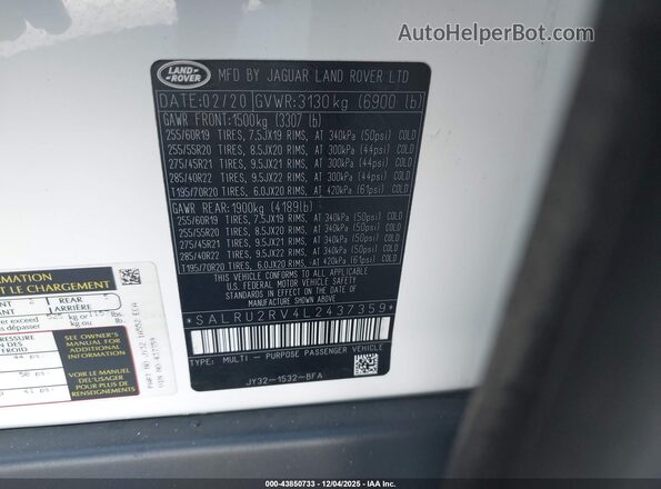 SALRU2RV4L2437359 2020 LAND ROVER DISCOVERY White Вид підкапотного простору