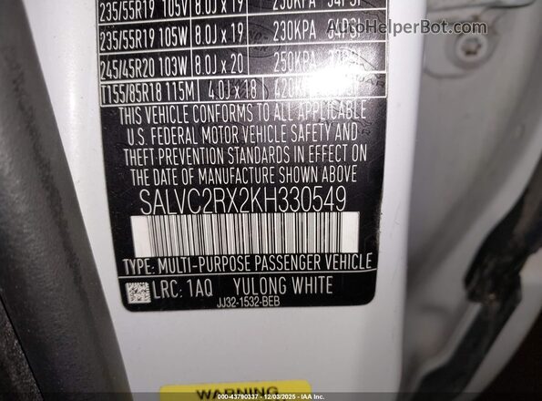 SALVC2RX2KH330549 2019 LAND ROVER RANGE ROVER EVOQUE White Вид підкапотного простору