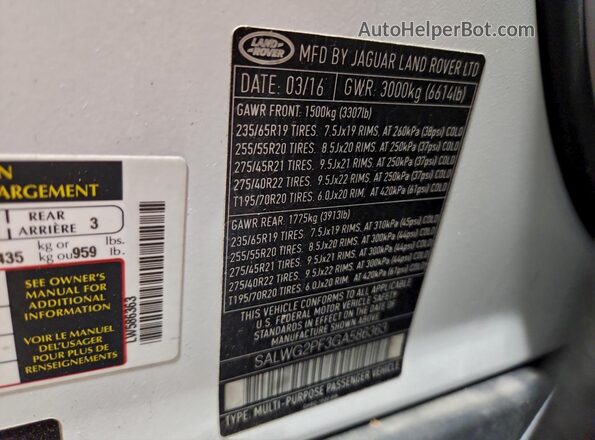 SALWG2PF3GA586363 2016 LAND ROVER RANGE White VIN կոդի պիտակի տեսք