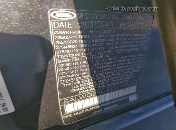 SALWG2SU4MA775654 2021 LAND ROVER RANGE Black 
