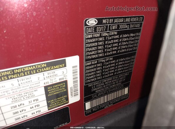 SALWR2FV3HA683325 2017 LAND ROVER RANGE ROVER SPORT Burgundy ძრავის განყოფილების ხედი