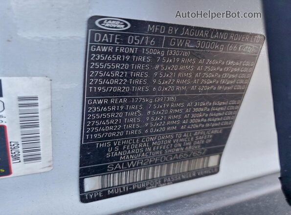 SALWR2PF0GA657657 2016 LAND ROVER RANGE White VIN sticker view