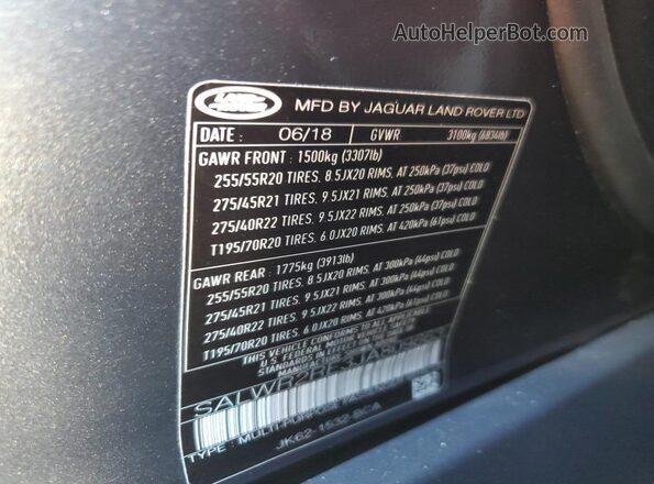 SALWR2RE3JA809863 2018 LAND ROVER RANGE Gray VIN sticker view