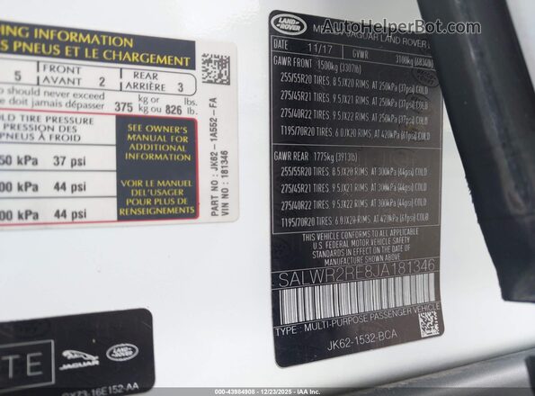 SALWR2RE8JA181346 2018 LAND ROVER RANGE ROVER SPORT White 