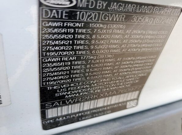 SALWR2RKXMA760977 2021 LAND ROVER RANGE White Շարժիչի բաժամունքի տեսք