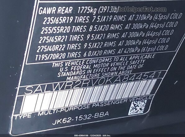 SALWR2RV0KA844541 2019 LAND ROVER RANGE ROVER SPORT Черный Вид подкапотного пространства