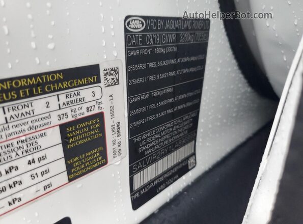 SALWR2RY1LA896899 2020 LAND ROVER RANGE White Widok naklejki z numerem VIN
