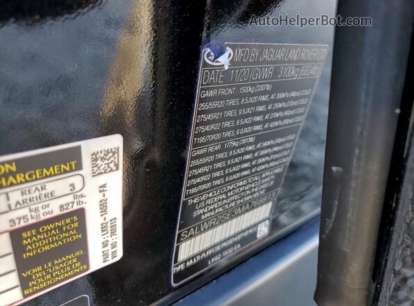 SALWR2SE3MA768813 2021 LAND ROVER RANGE Черный Вид наклейки с VIN-кодом