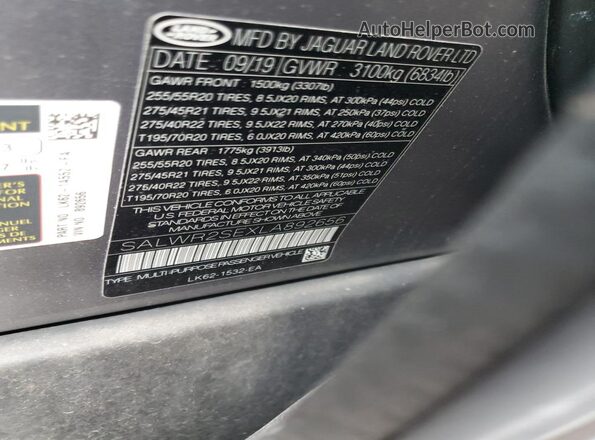 SALWR2SEXLA892656 2020 LAND ROVER RANGE Gray Вид наклейки з VIN-кодом