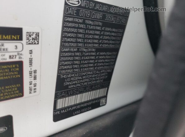 SALWS2RU6LA880165 2020 LAND ROVER RANGE Two Tone Widok naklejki z numerem VIN