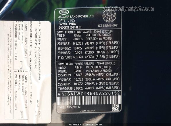 SALWZ2RE4NA228152 2022 LAND ROVER RANGE ROVER SPORT Черный Вид подкапотного пространства