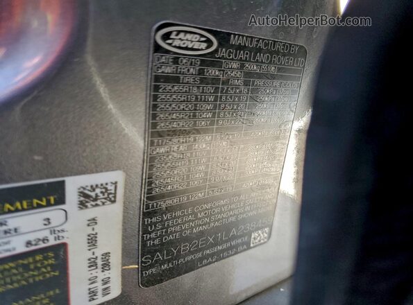 SALYB2EX1LA238459 2020 LAND ROVER RANGE Charcoal VIN sticker view