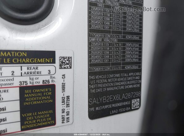 SALYB2EX6LA287298 2020 LAND ROVER RANGE ROVER VELAR White Вид підкапотного простору