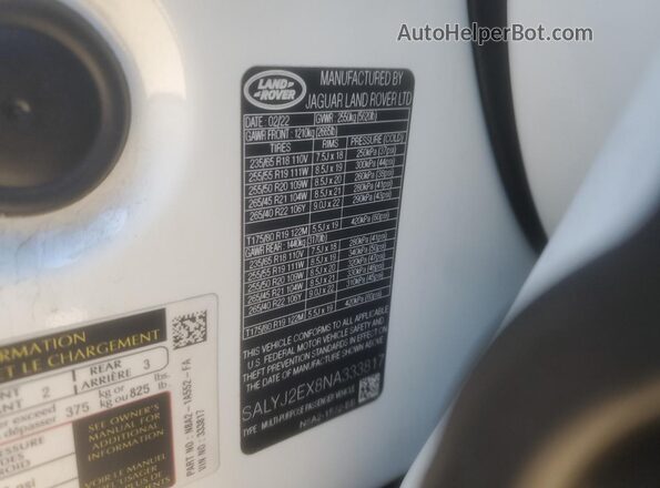 SALYJ2EX8NA333817 2022 LAND ROVER RANGE White Вид наклейки з VIN-кодом