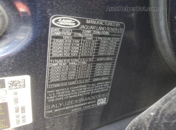 SALYJ2EX9MA303062 2021 LAND ROVER RANGE Blue Панорамний вид салону 360°