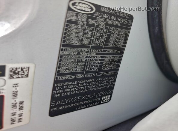 SALYK2EX0LA289760 2020 LAND ROVER RANGE White VIN sticker view