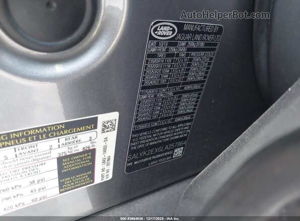 SALYK2EX6LA257864 2020 LAND ROVER RANGE ROVER VELAR Серый 