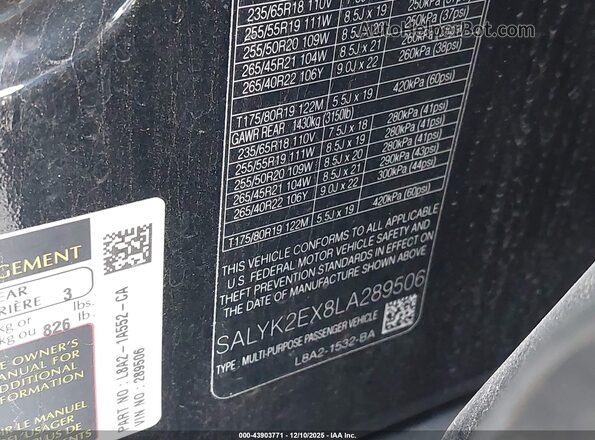 SALYK2EX8LA289506 2020 LAND ROVER RANGE ROVER VELAR Black ძრავის განყოფილების ხედი